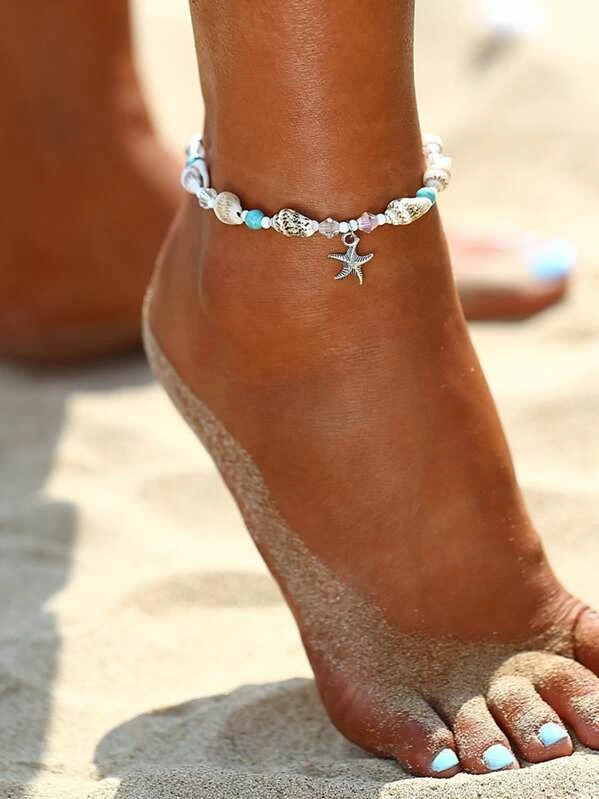 Multi Beads and Shell Mix Anklet featuring blue beads, shells, and a starfish pendant, perfect for beach lovers.