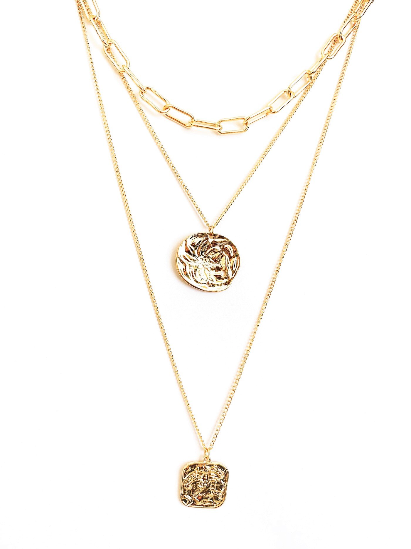 Multi layered necklace featuring coin and square pendants, elegantly designed with 14k gold plating.