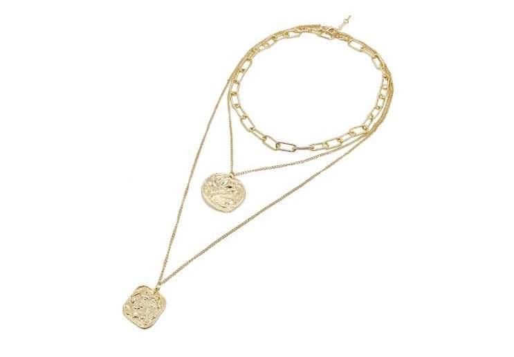 Multi layered necklace featuring coin and square pendants, elegantly designed with 14k gold plating.