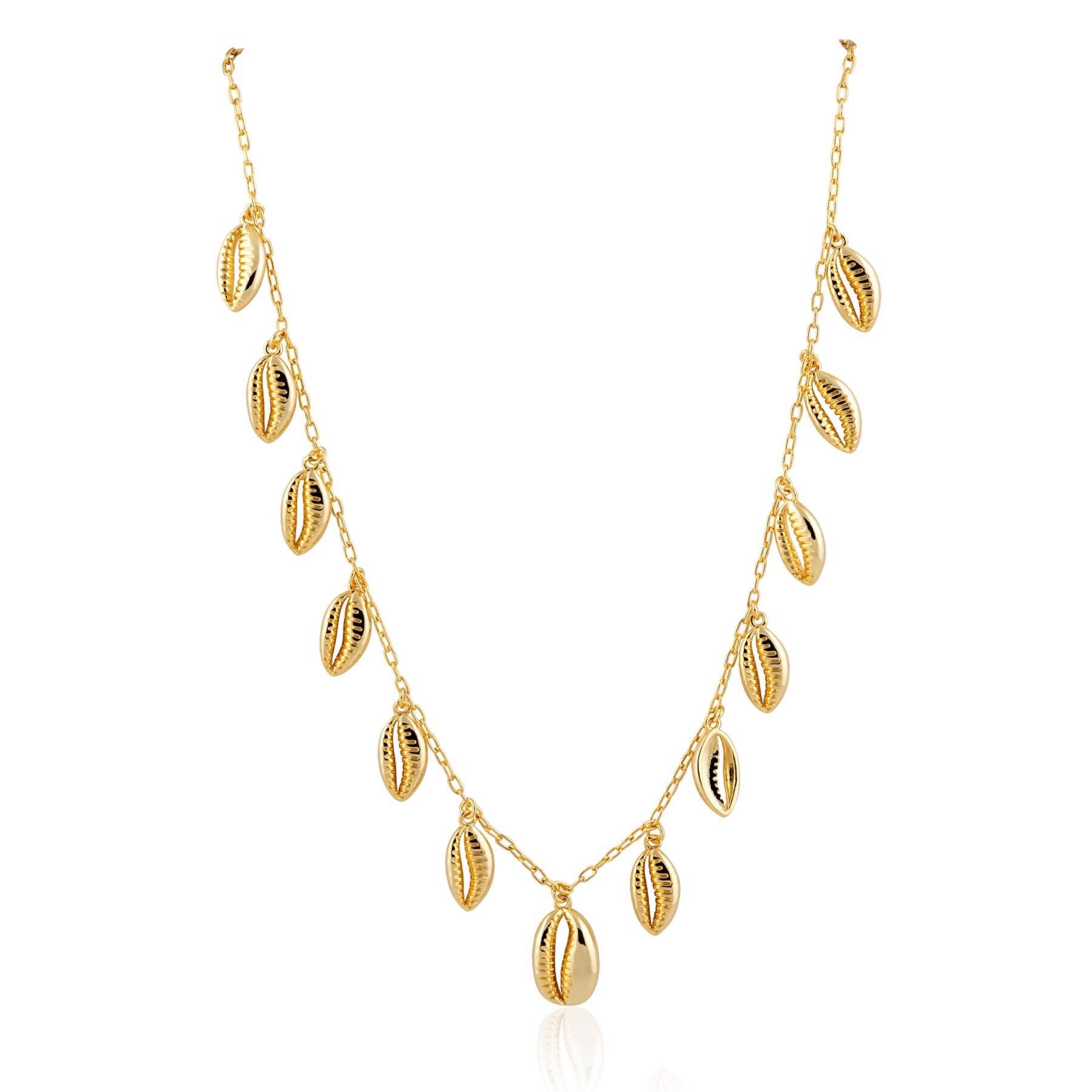 A trendy multi shell necklace featuring 18k gold plating, showcasing a beautiful arrangement of shells perfect for summer wear.