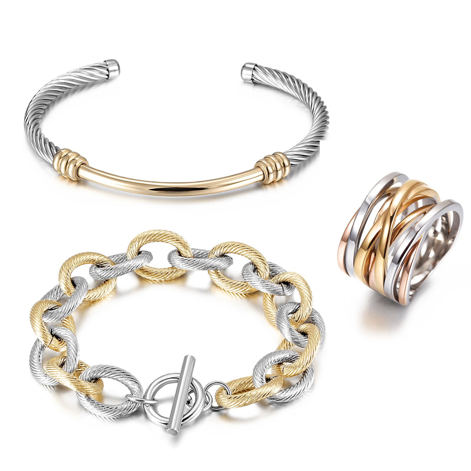 Multi-Color Cable Set featuring a chic bangle, bracelet, and ring in a two-tone cable design, elegantly displayed in a gift box.