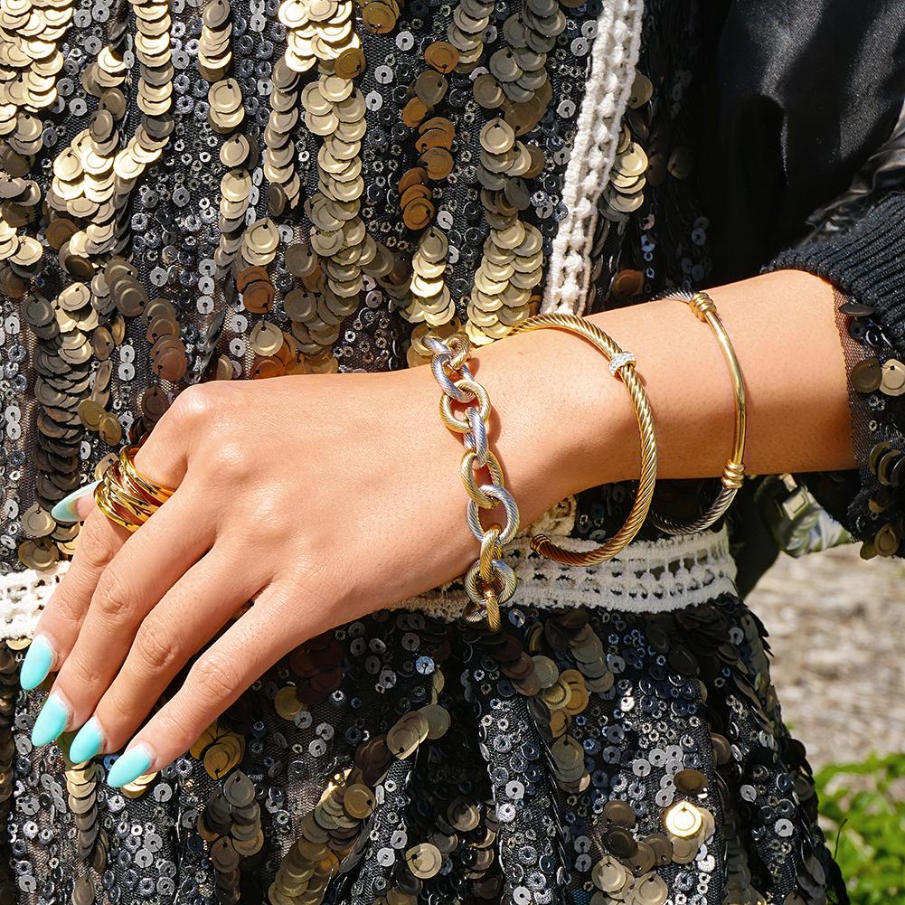 Multi-Color Cable Set featuring a chic bangle, bracelet, and ring in a two-tone cable design, elegantly displayed in a gift box.