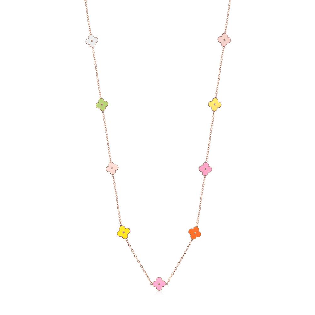 A stunning multi-color clover chain necklace featuring five petals, symbolizing love and positivity, crafted from durable stainless steel.