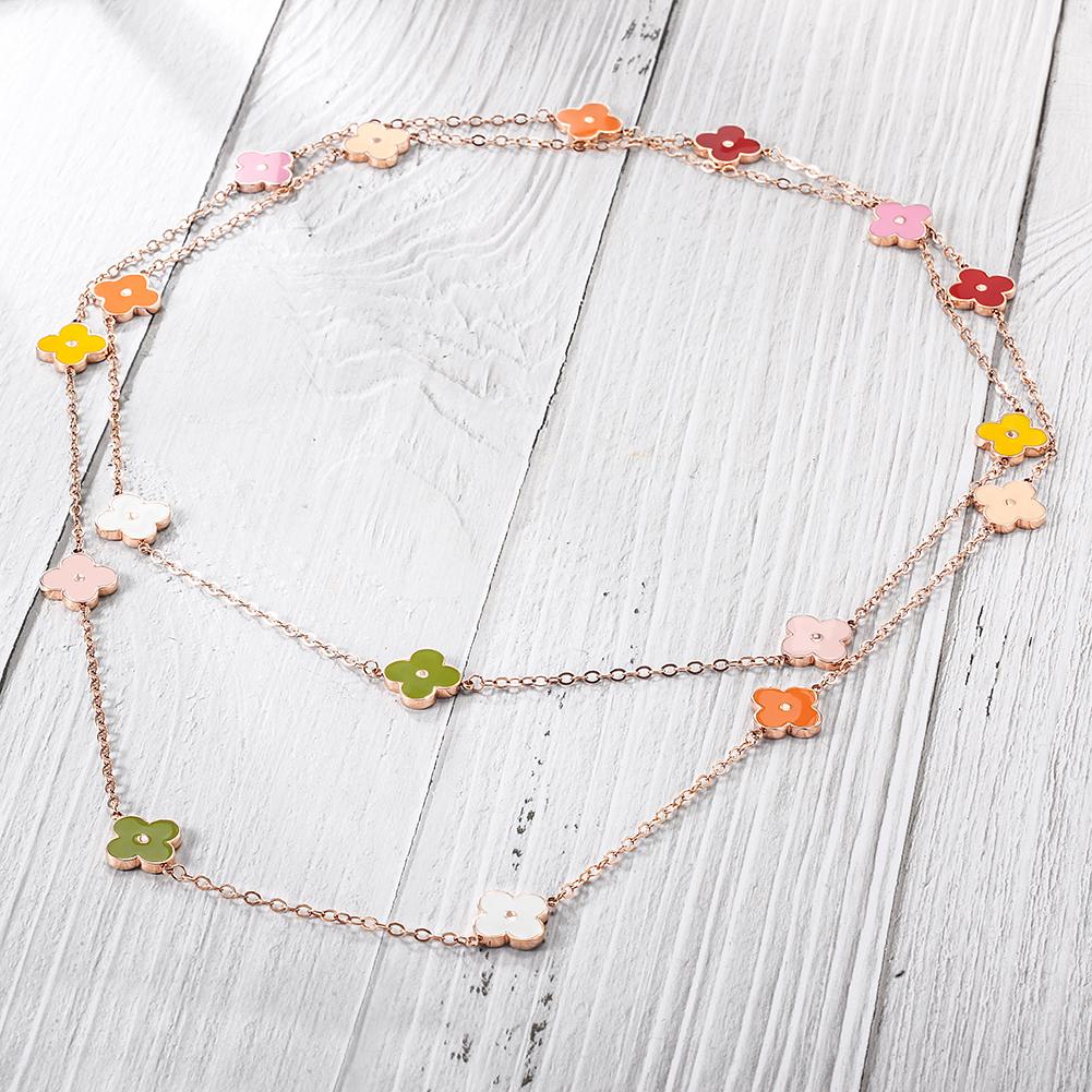 A stunning multi-color clover chain necklace featuring five petals, symbolizing love and positivity, crafted from durable stainless steel.