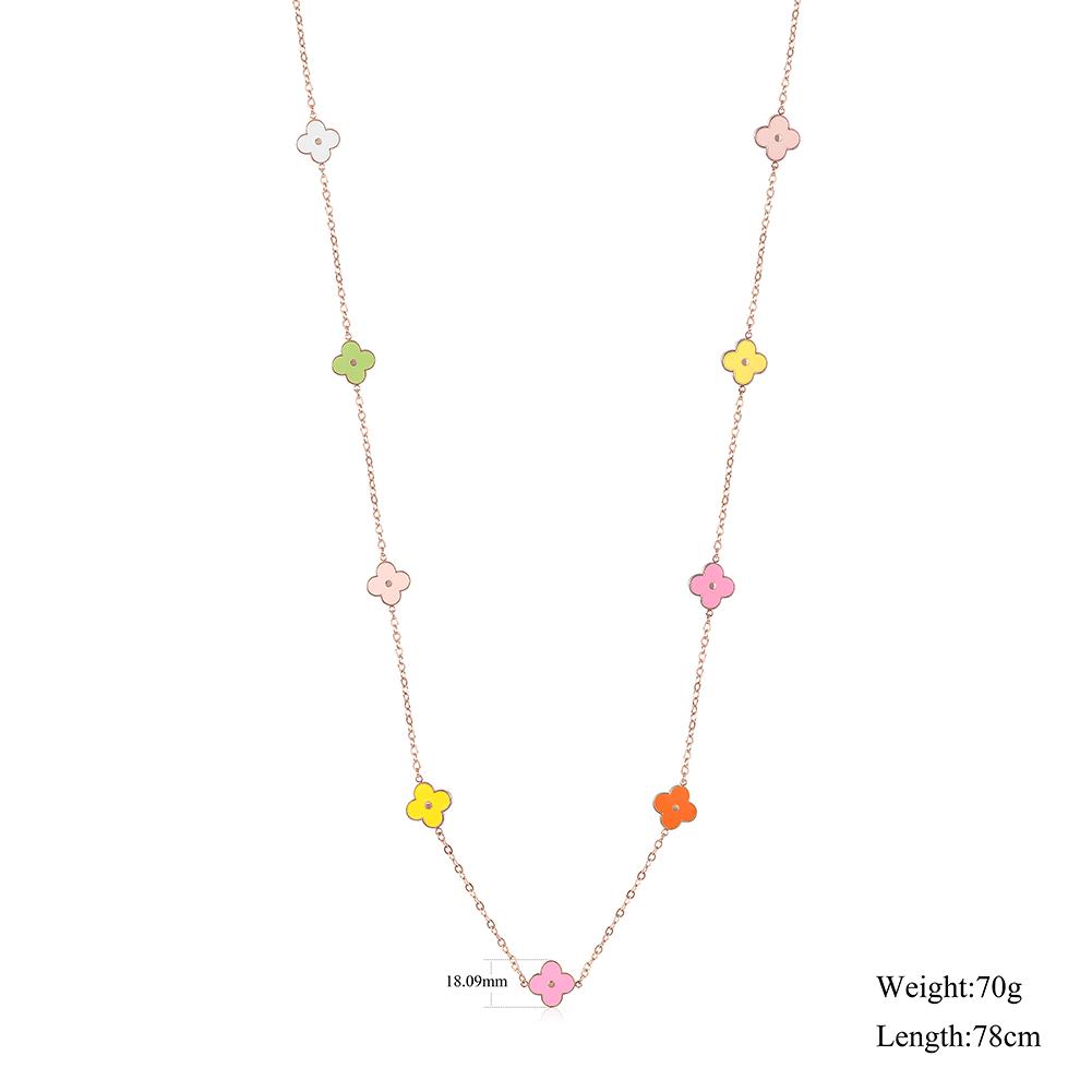 A stunning multi-color clover chain necklace featuring five petals, symbolizing love and positivity, crafted from durable stainless steel.