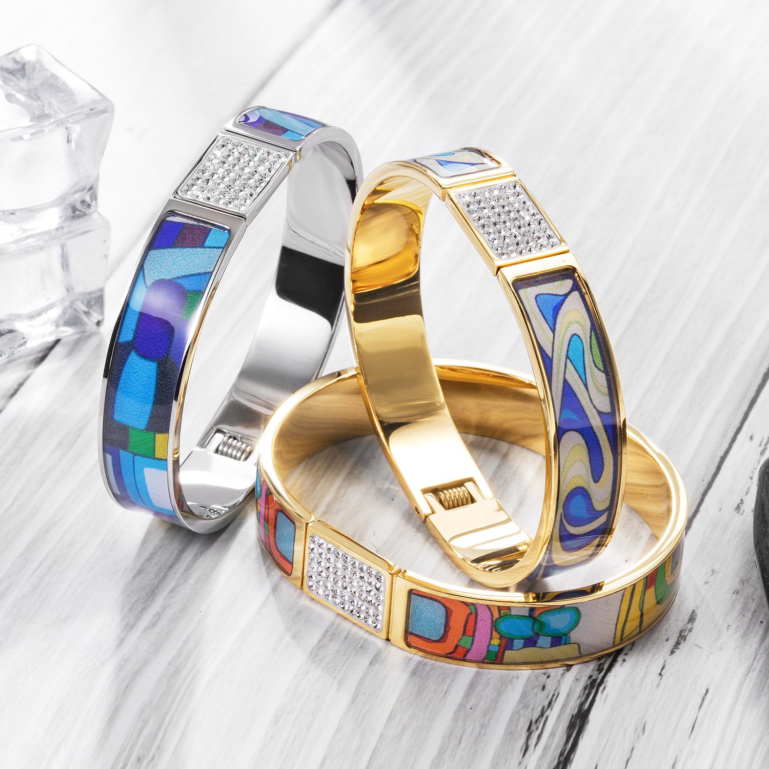 Multicolor Retro Style Bangle made of surgical stainless steel with vibrant colors and 14K gold PVD plating.