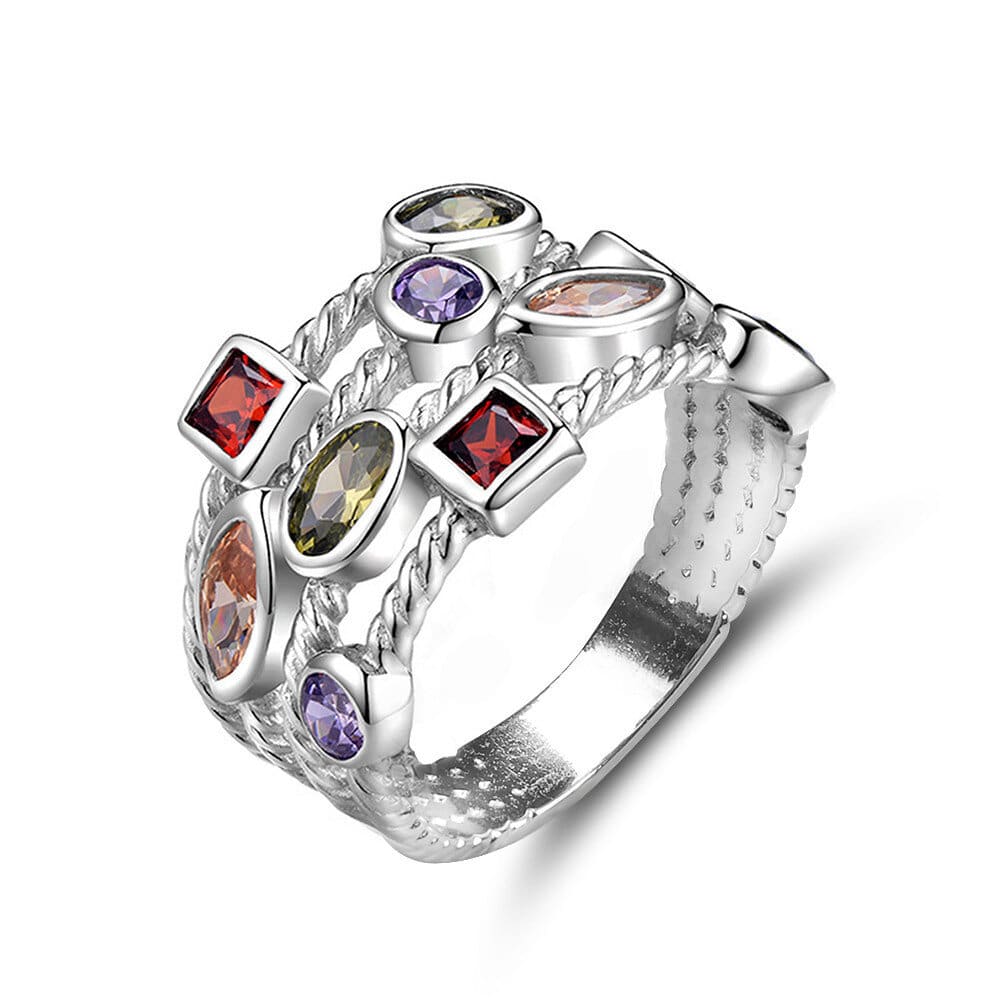 A stunning multicolor ring plated in 18k gold, featuring sparkling cubic zirconia stones, elegantly displayed in a gift box.