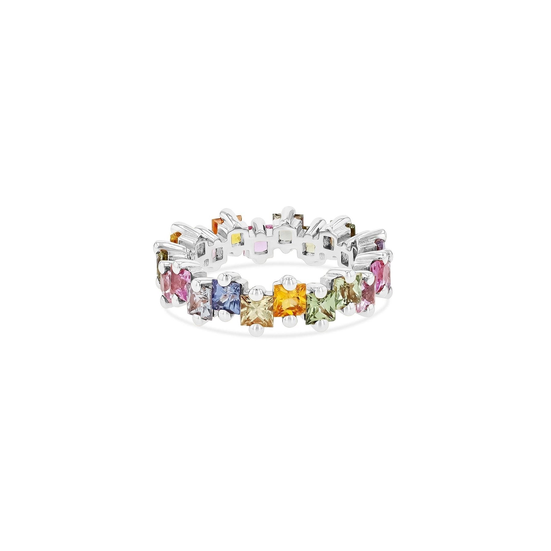 Multi-color wedding band made of 925 sterling silver with white gold surface and white sapphire stone, showcasing a unique and elegant design.