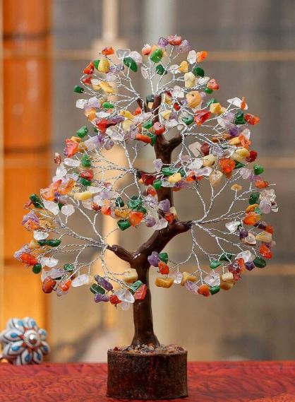 Multi-Gemstone Bonsai Wishing Tree with 300 hand-carved gemstone chips, showcasing vibrant colors and intricate branches.