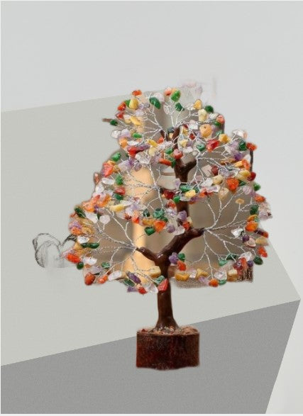 Multi-Gemstone Bonsai Wishing Tree with 300 hand-carved gemstone chips, showcasing vibrant colors and intricate branches.