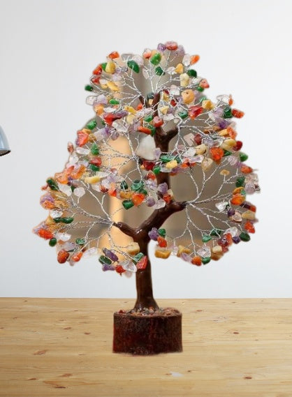 Multi-Gemstone Bonsai Wishing Tree with 300 hand-carved gemstone chips, showcasing vibrant colors and intricate branches.