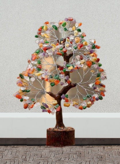 Multi-Gemstone Bonsai Wishing Tree with 300 hand-carved gemstone chips, showcasing vibrant colors and intricate branches.