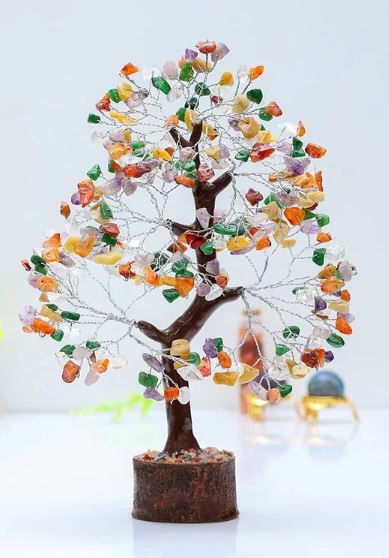 Multi-Gemstone Bonsai Wishing Tree with 300 hand-carved gemstone chips, showcasing vibrant colors and intricate branches.