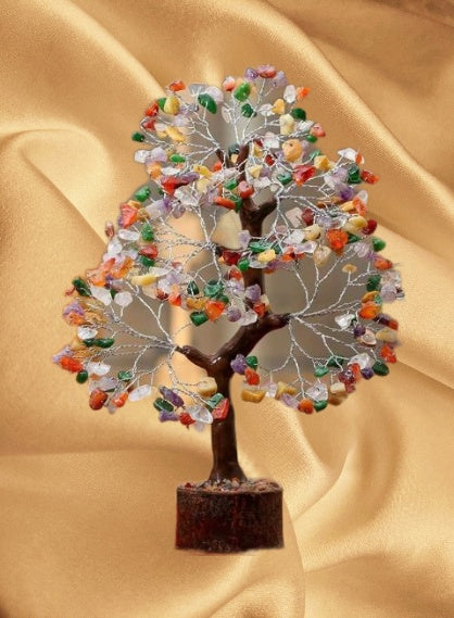 Multi-Gemstone Bonsai Wishing Tree with 300 hand-carved gemstone chips, showcasing vibrant colors and intricate branches.