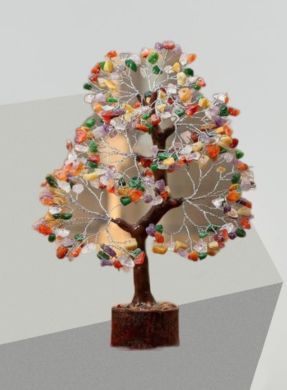 Multi-Gemstone Bonsai Wishing Tree with 300 hand-carved gemstone chips, showcasing vibrant colors and intricate branches.