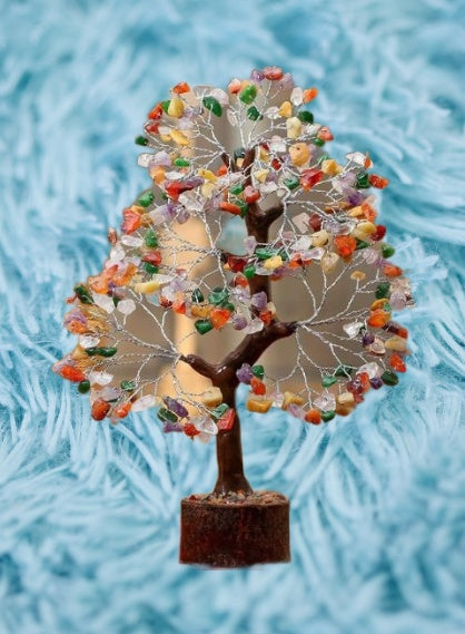 Multi-Gemstone Bonsai Wishing Tree with 300 hand-carved gemstone chips, showcasing vibrant colors and intricate branches.