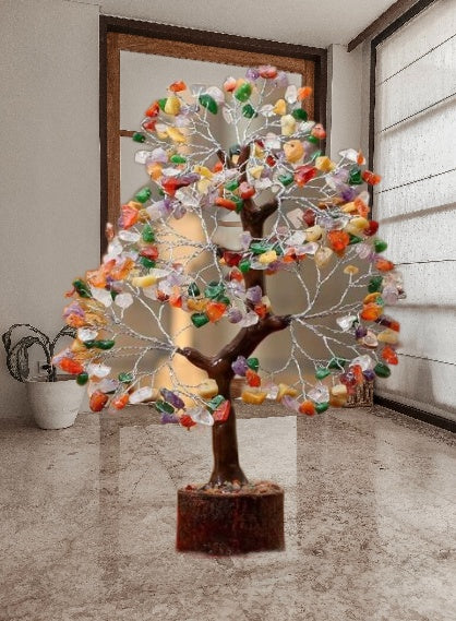 Multi-Gemstone Bonsai Wishing Tree with 300 hand-carved gemstone chips, showcasing vibrant colors and intricate branches.