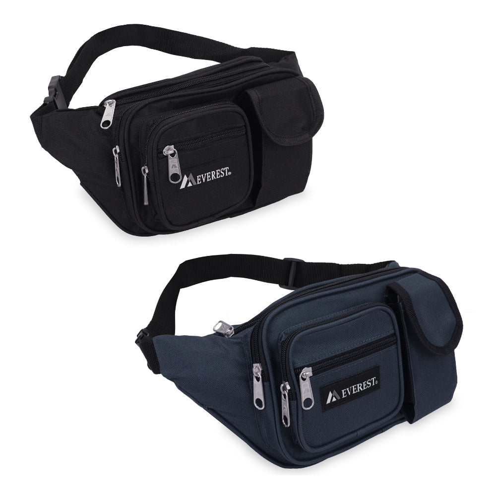 Multiple Pocket Waist Pack in black with three zippered compartments and adjustable waist buckle, ideal for outdoor activities.