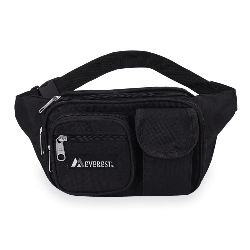 Multiple Pocket Waist Pack in black with three zippered compartments and adjustable waist buckle, ideal for outdoor activities.