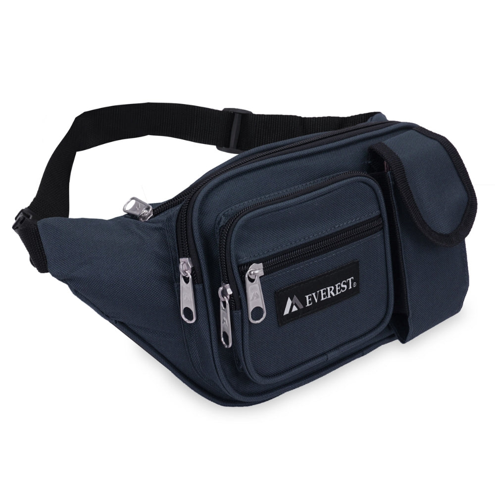 Multiple Pocket Waist Pack in black with three zippered compartments and adjustable waist buckle, ideal for outdoor activities.