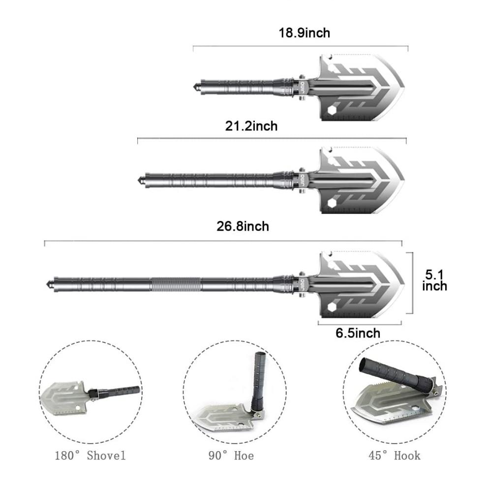 Multi-Purpose Folding Shovel showcasing its various attachments and compact design.