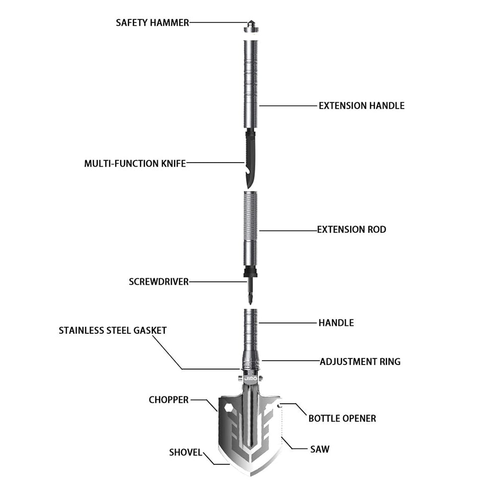 Multi-Purpose Folding Shovel showcasing its various attachments and compact design.