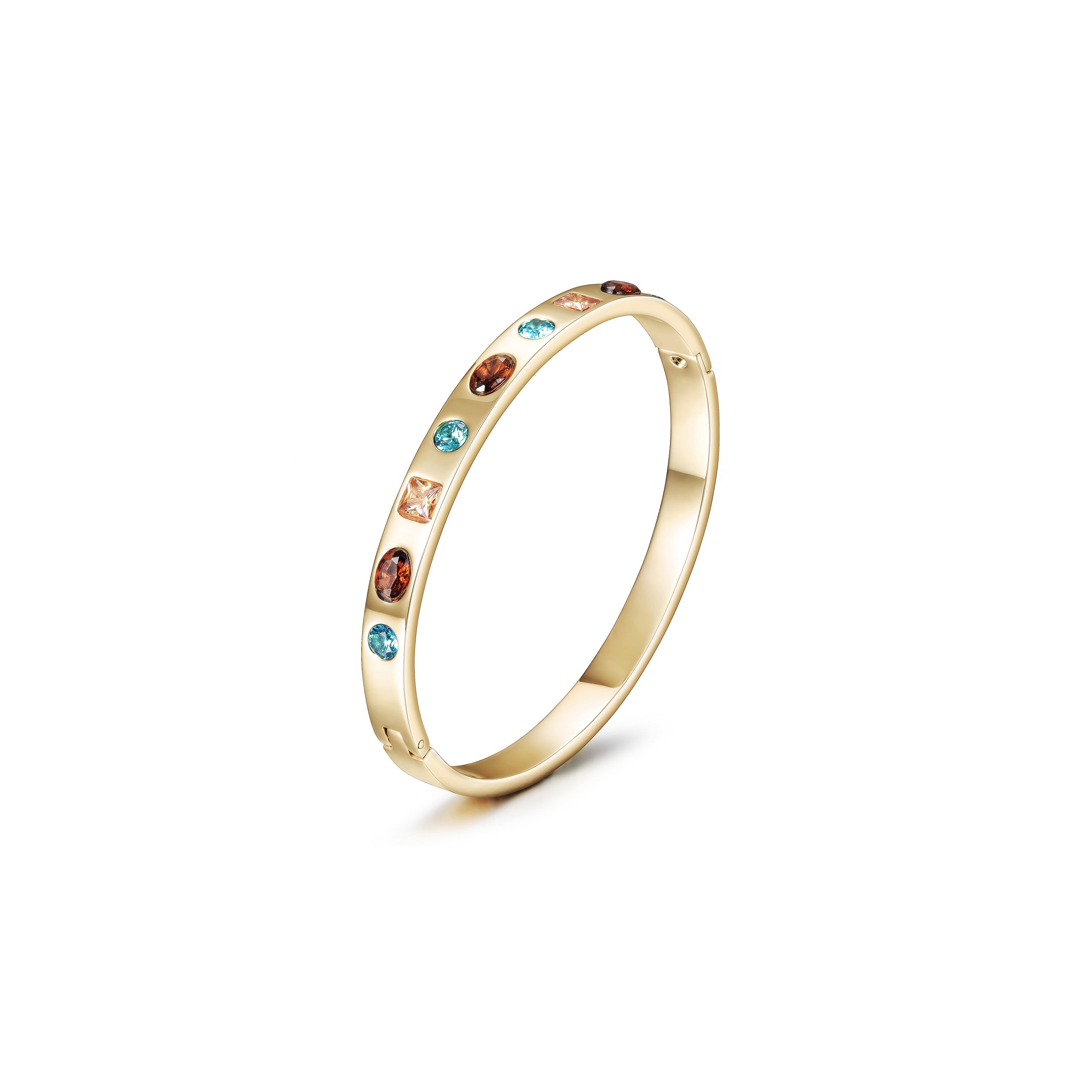 Elegant Multi-Stone Hinge Bangle made of surgical stainless steel with gold plating, featuring a stylish hinge design.