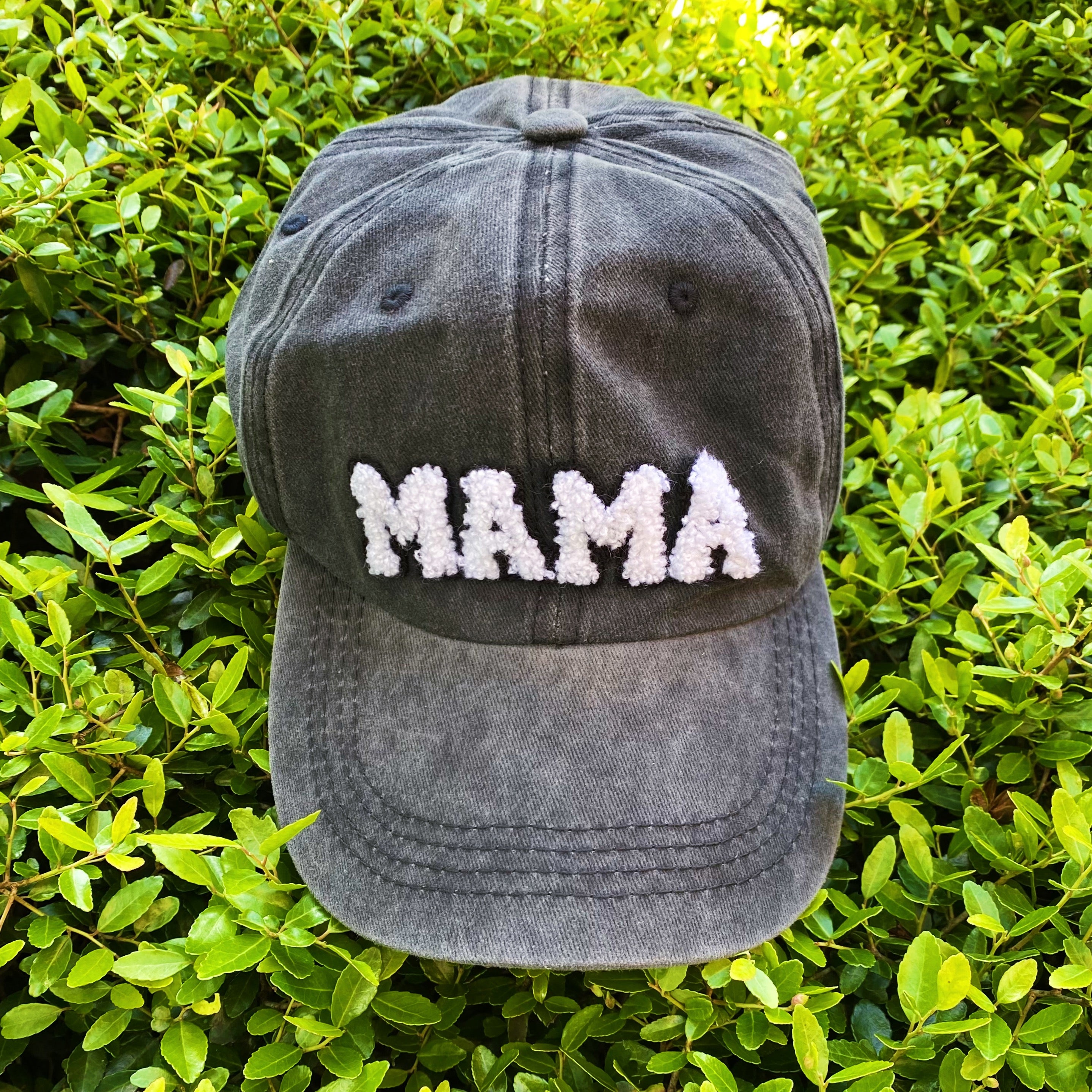 My Dear Mama Ball Cap featuring fuzzy patch lettering and a curved brim, designed for comfort and style.