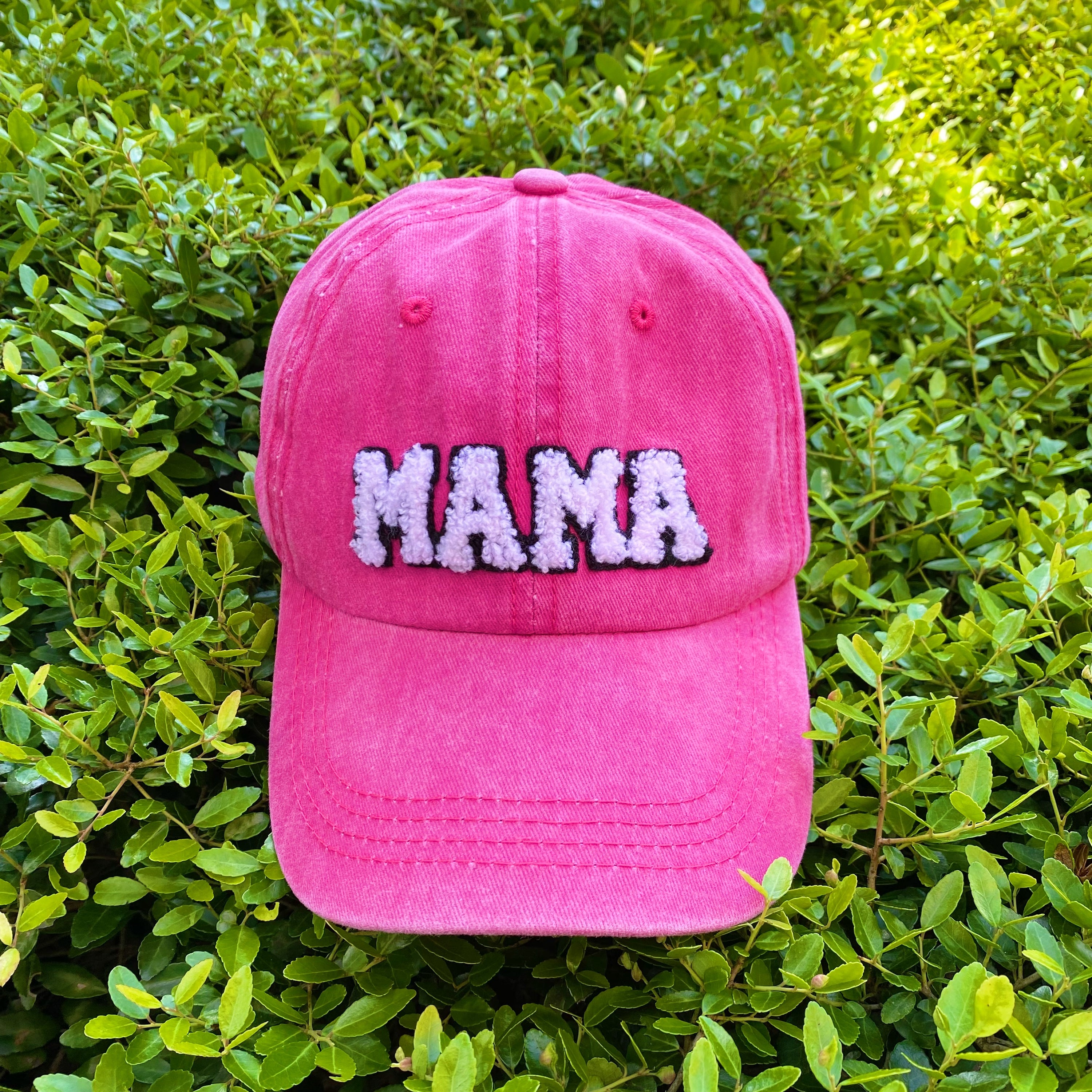 My Dear Mama Ball Cap featuring fuzzy patch lettering and a curved brim, designed for comfort and style.