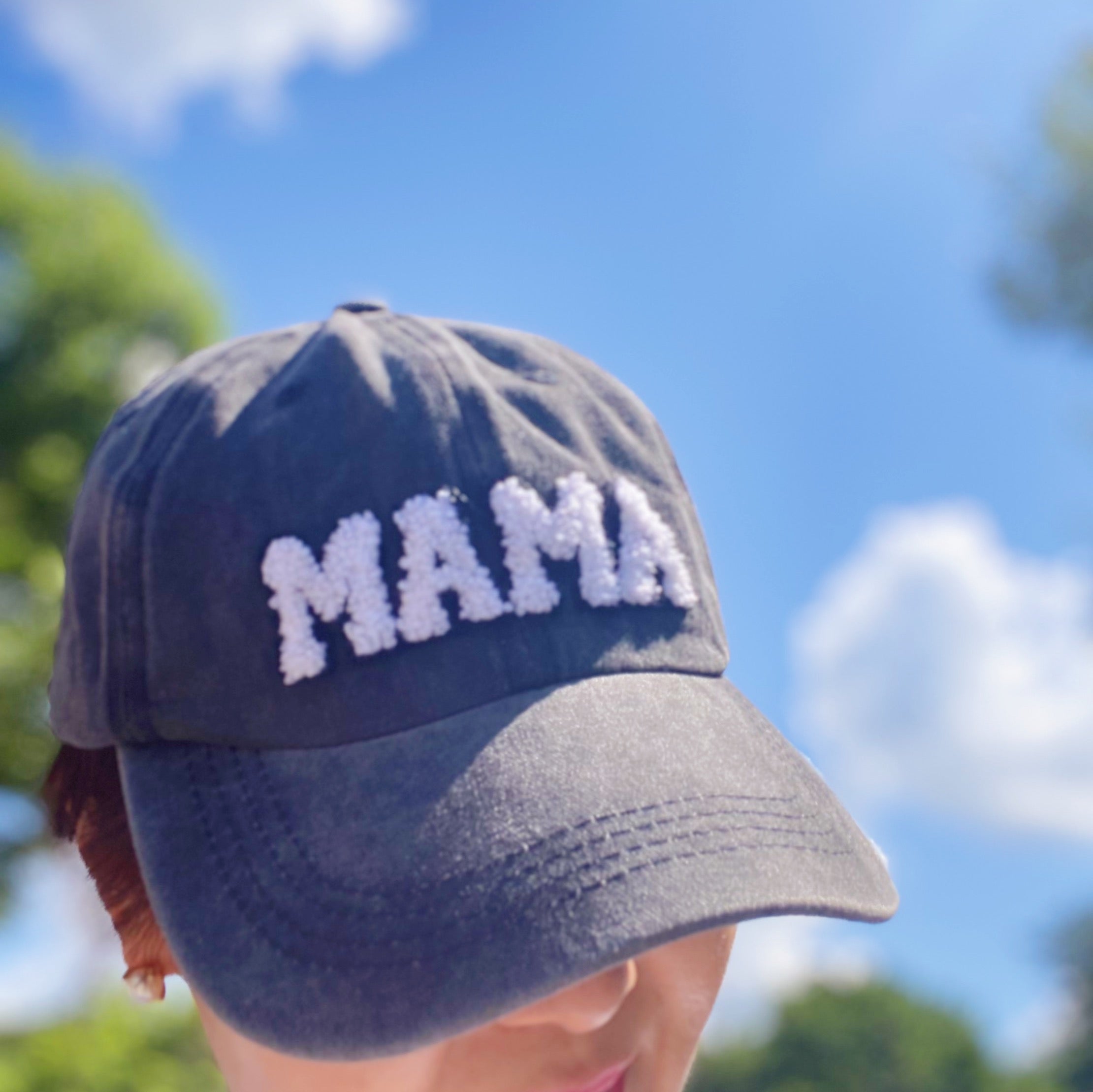 My Dear Mama Ball Cap featuring fuzzy patch lettering and a curved brim, designed for comfort and style.