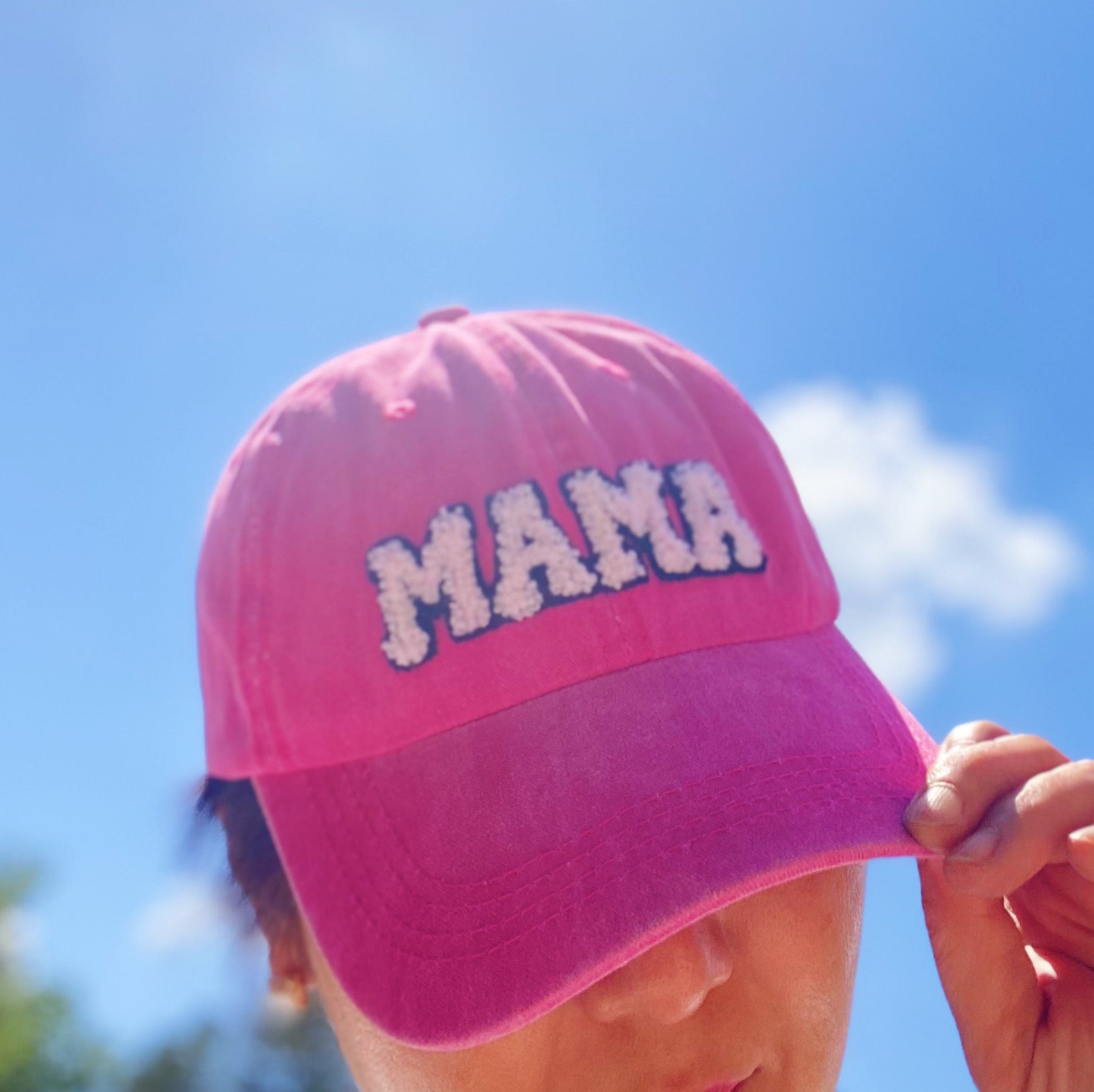 My Dear Mama Ball Cap featuring fuzzy patch lettering and a curved brim, designed for comfort and style.