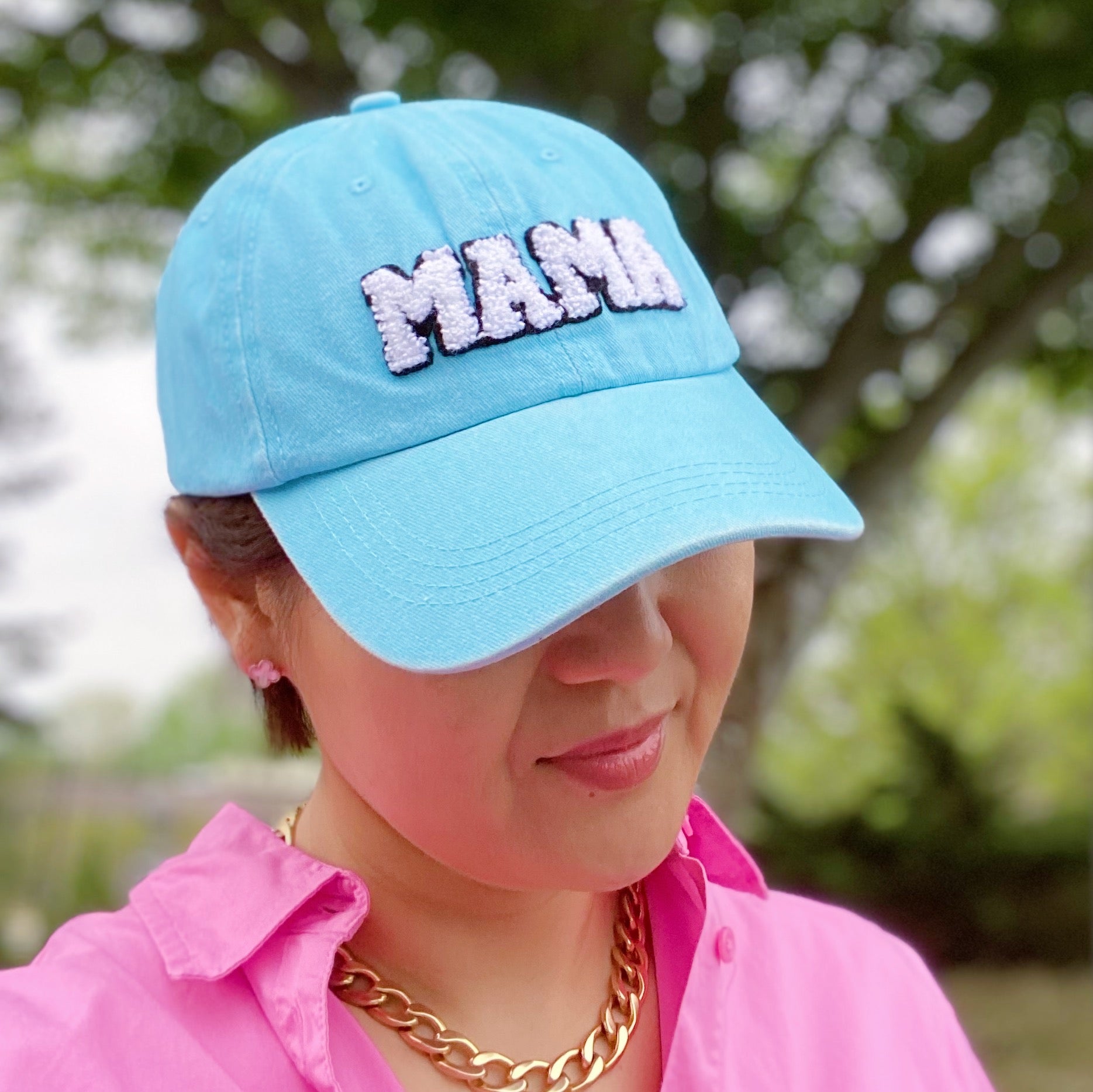 My Dear Mama Ball Cap featuring fuzzy patch lettering and a curved brim, designed for comfort and style.