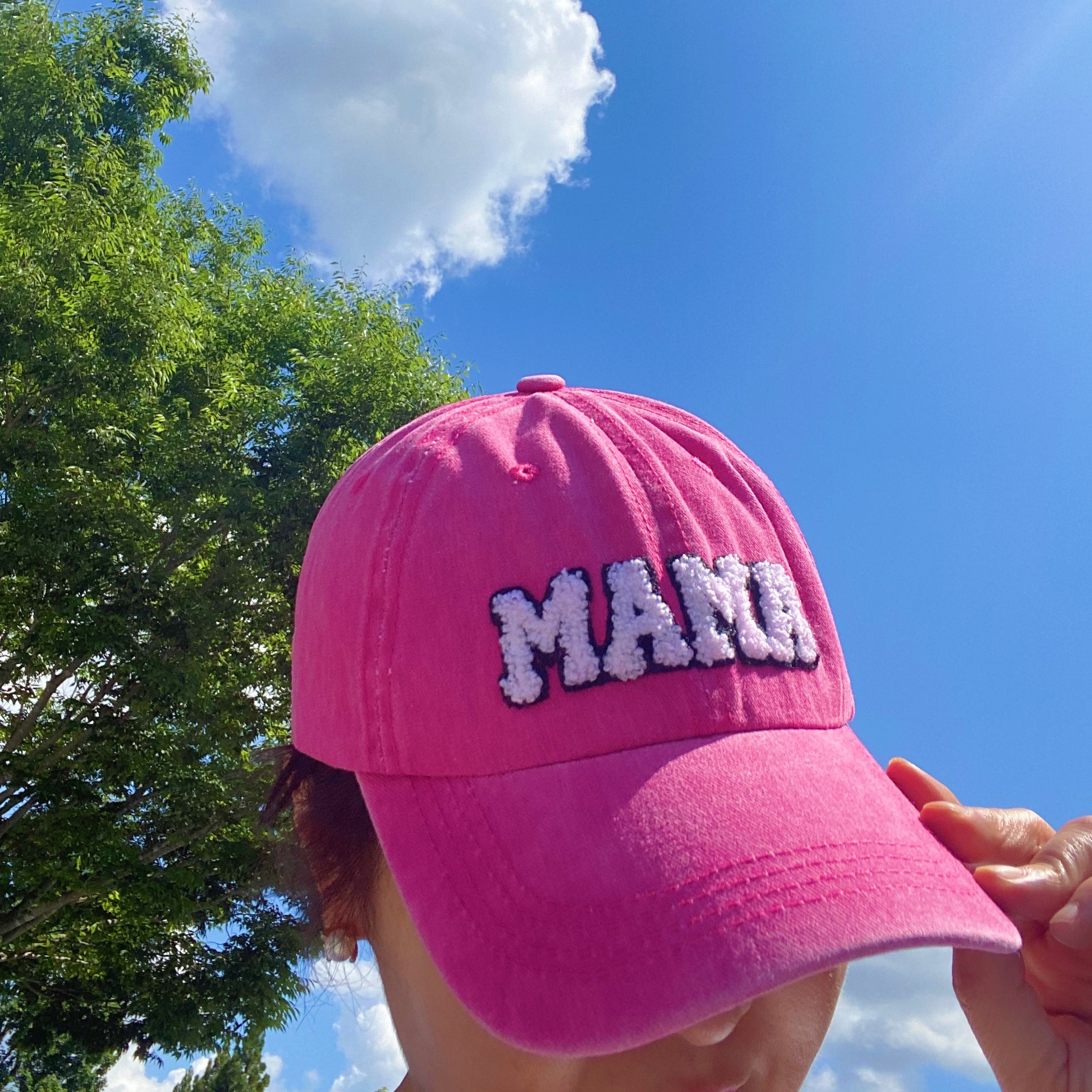 My Dear Mama Ball Cap featuring fuzzy patch lettering and a curved brim, designed for comfort and style.