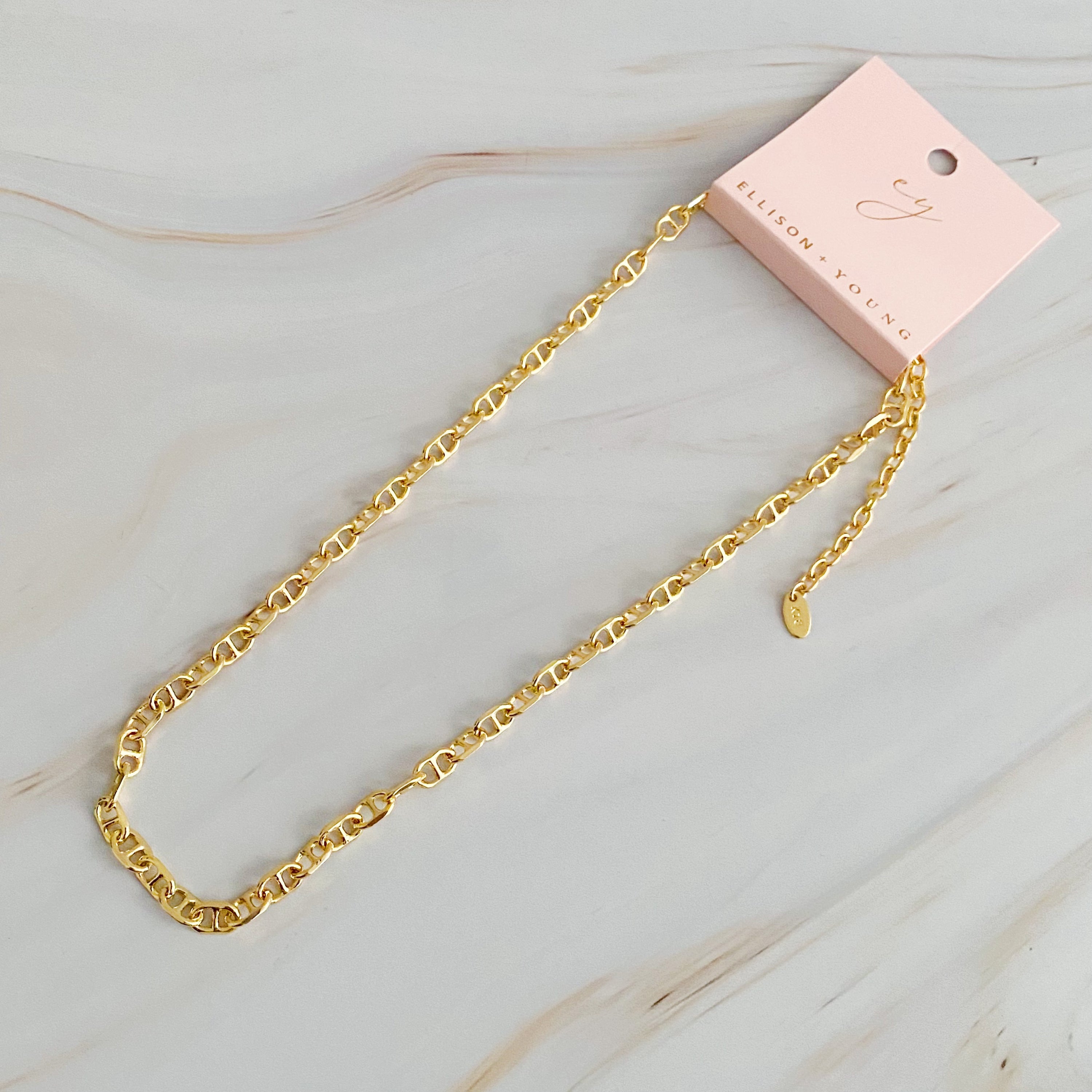 My Favorite Chain Necklace featuring 18k gold plated brass with a 16-inch chain and 2-inch extender, elegantly designed for layering.