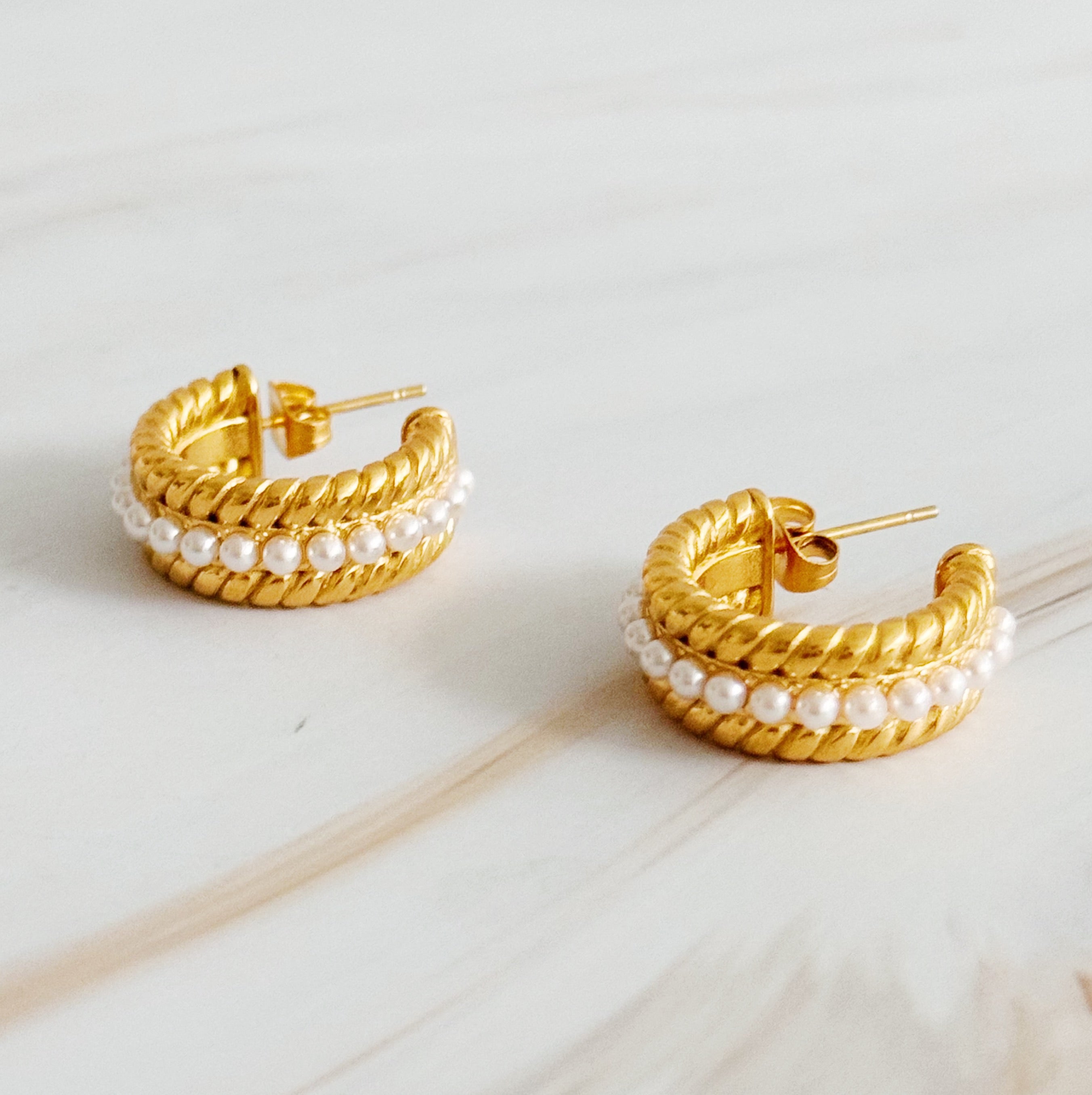 My Lady Pearl Mix Hoop Earrings featuring elegant pearl detailing and sleek gold-plated design.