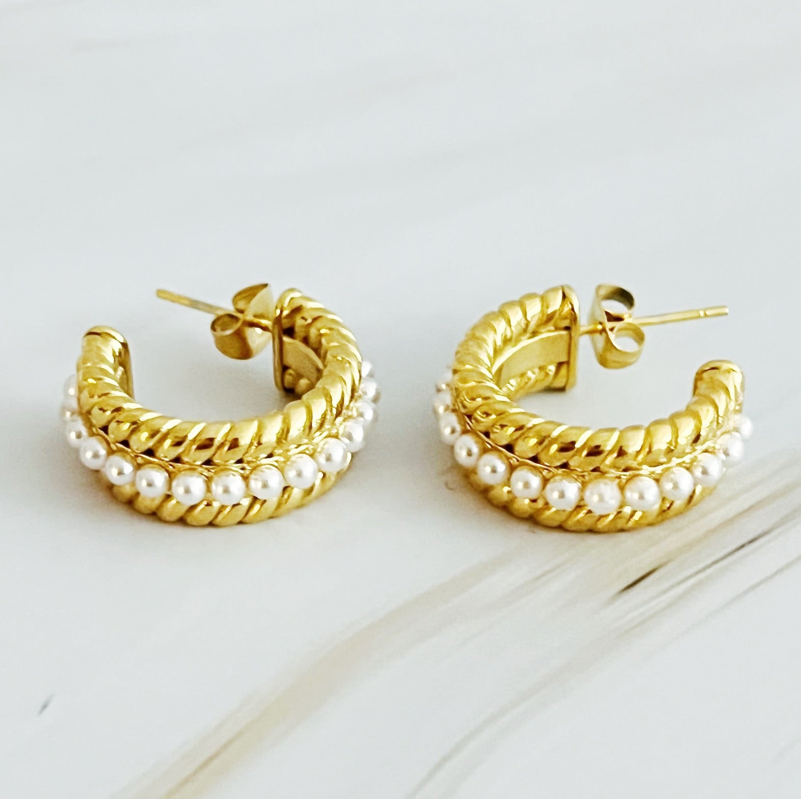 My Lady Pearl Mix Hoop Earrings featuring elegant pearl detailing and sleek gold-plated design.