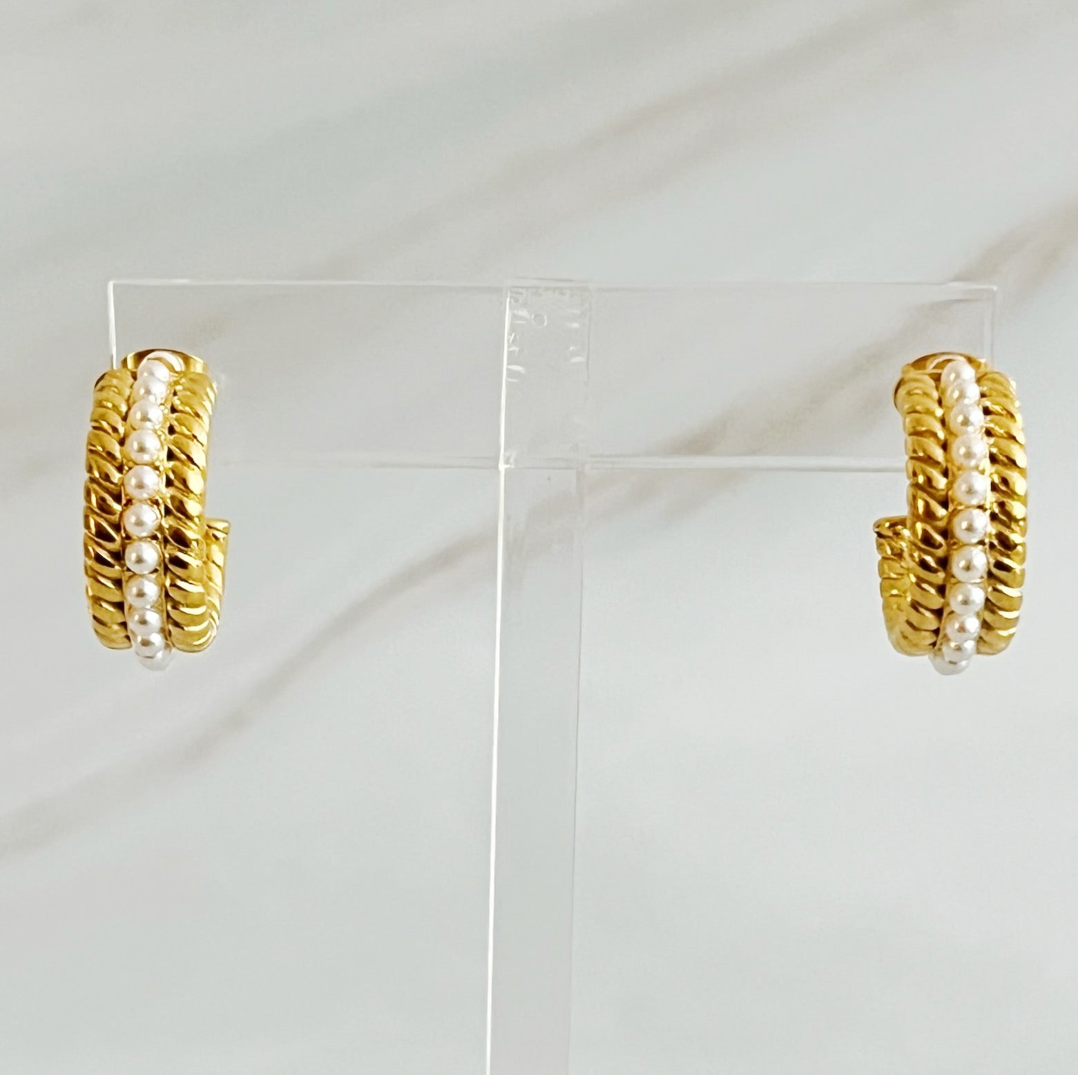 My Lady Pearl Mix Hoop Earrings featuring elegant pearl detailing and sleek gold-plated design.