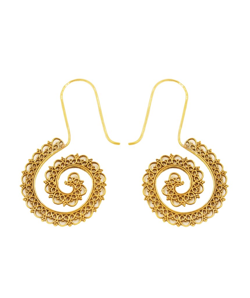 A pair of handmade Mystic Spiral Gold Earrings featuring intricate S-shaped designs, crafted from hypoallergenic materials.