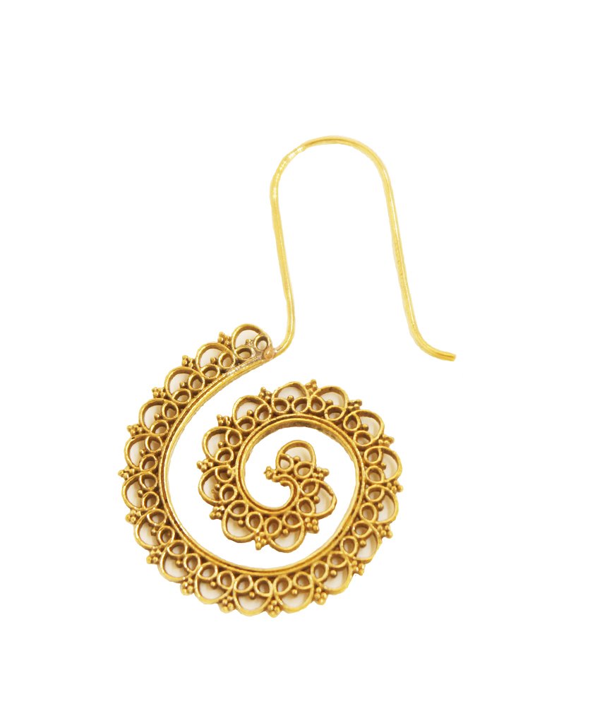 A pair of handmade Mystic Spiral Gold Earrings featuring intricate S-shaped designs, crafted from hypoallergenic materials.