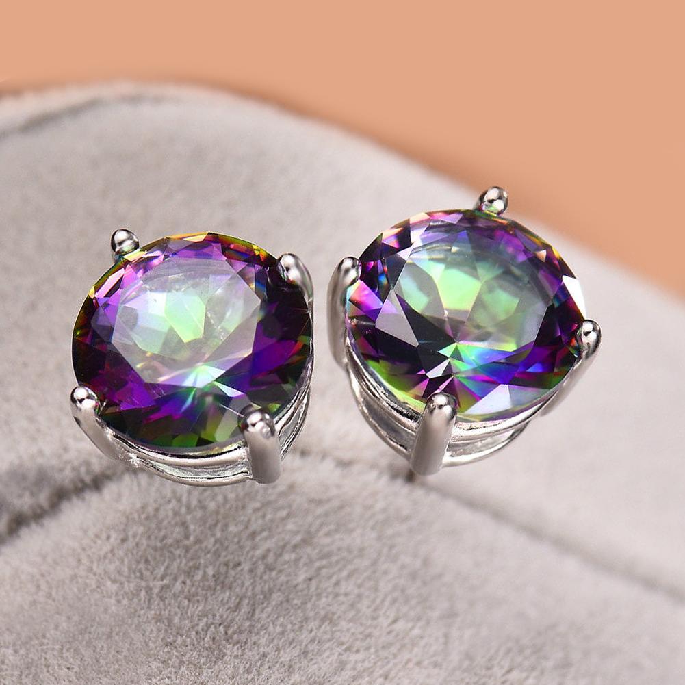 Elegant 7mm Mystic Topaz stud earrings embellished with crystals, set in 18K white gold plating, showcasing their stunning design and craftsmanship.