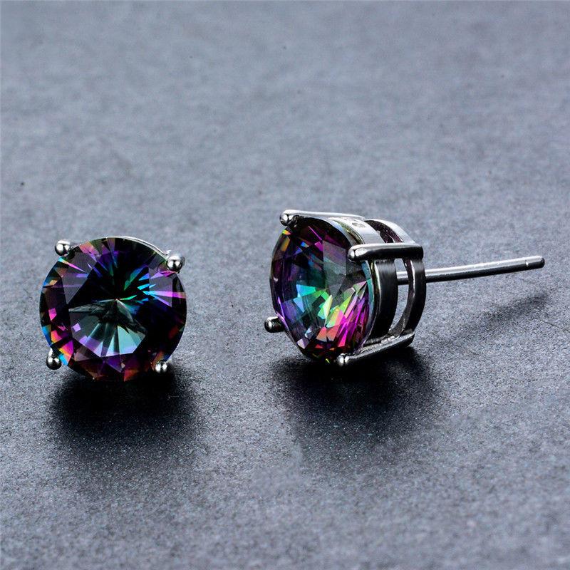 Elegant 7mm Mystic Topaz stud earrings embellished with crystals, set in 18K white gold plating, showcasing their stunning design and craftsmanship.