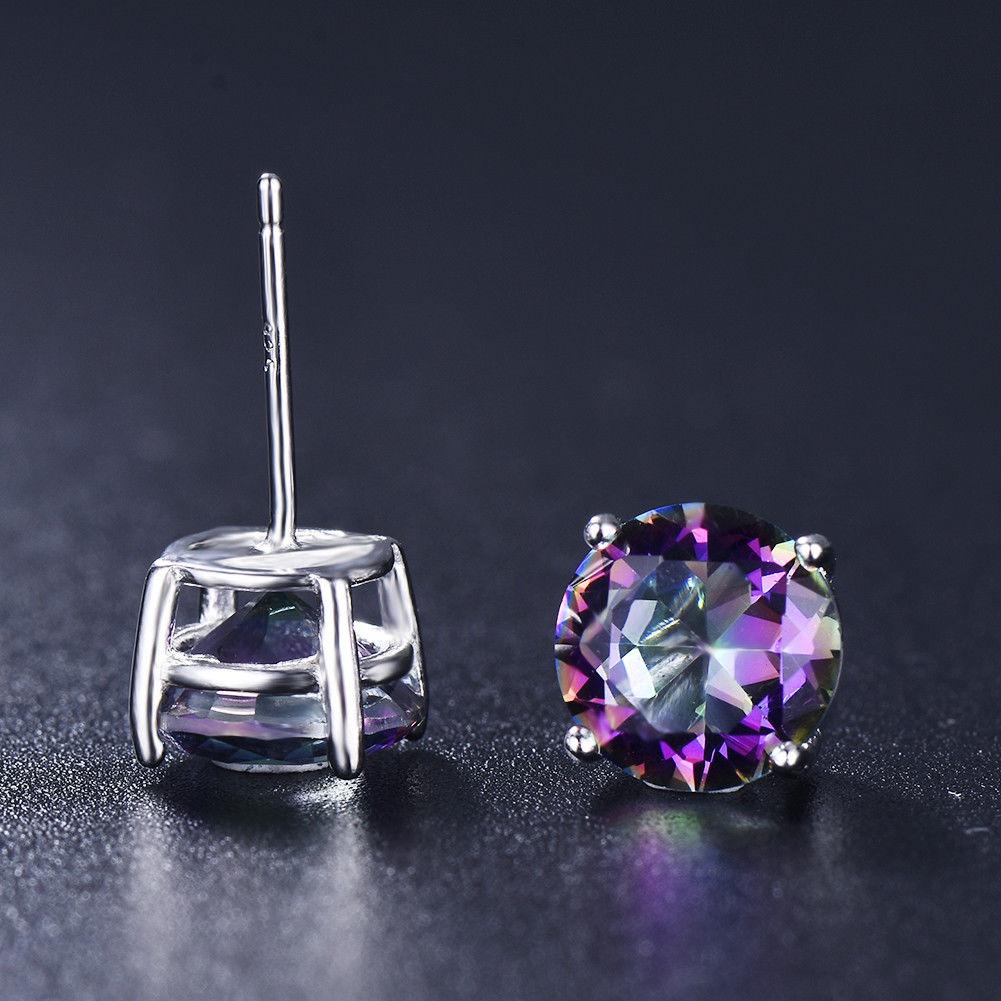 Elegant 7mm Mystic Topaz stud earrings embellished with crystals, set in 18K white gold plating, showcasing their stunning design and craftsmanship.