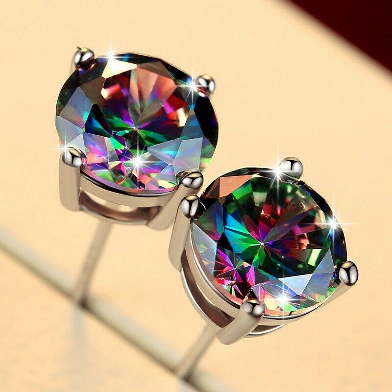 Elegant 7mm Mystic Topaz stud earrings embellished with crystals, set in 18K white gold plating, showcasing their stunning design and craftsmanship.