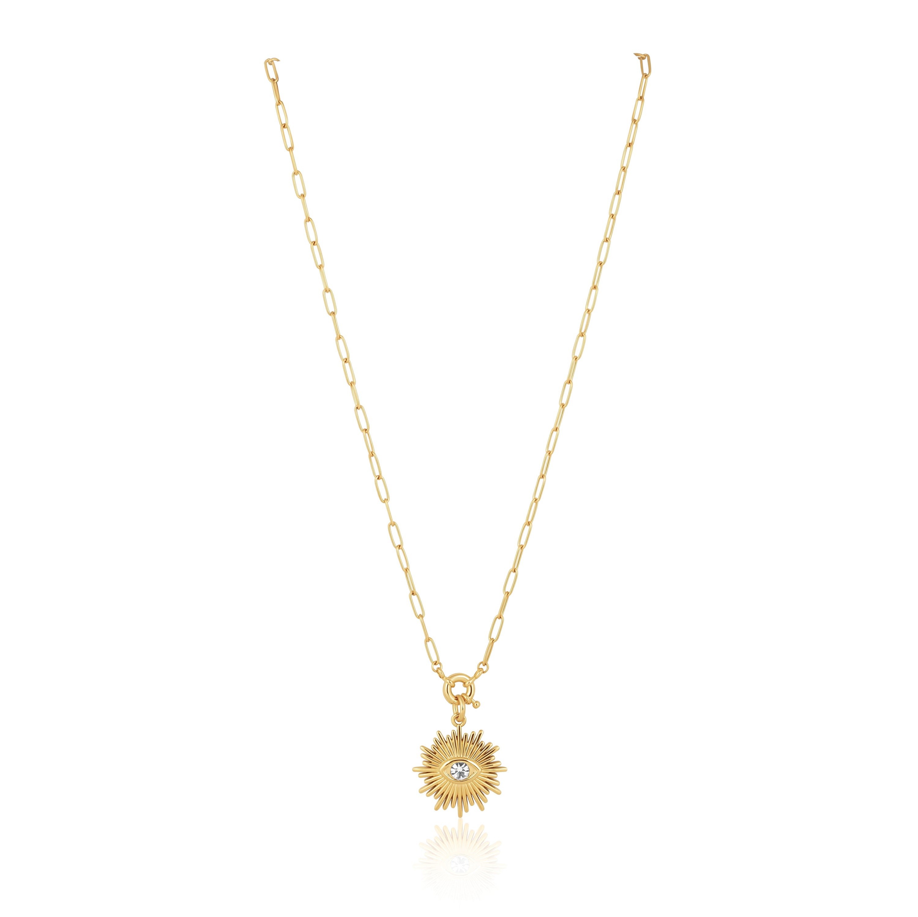 Nadia Sunburst Necklace featuring a radiant 35.5mm sun pendant on an 18-inch chain with a 2-inch extender.