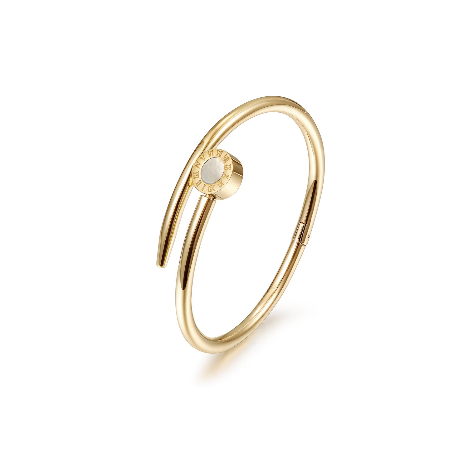 Elegant Nail Crossover Bangle made of stainless steel with gold plating, showcasing a modern design.