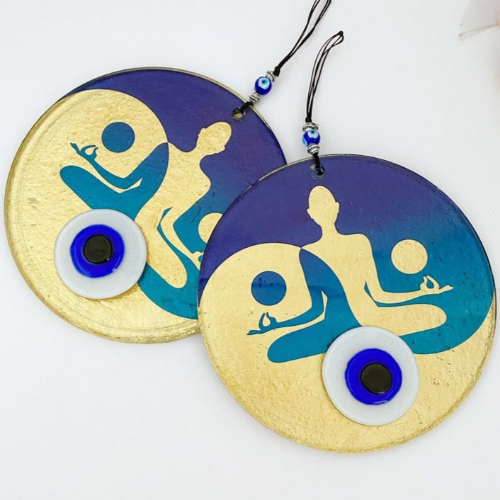 Handmade Namaste Decor featuring Yoga Namaste Wall Art and Evil Eye Wall Hanging, showcasing unique glass craftsmanship.