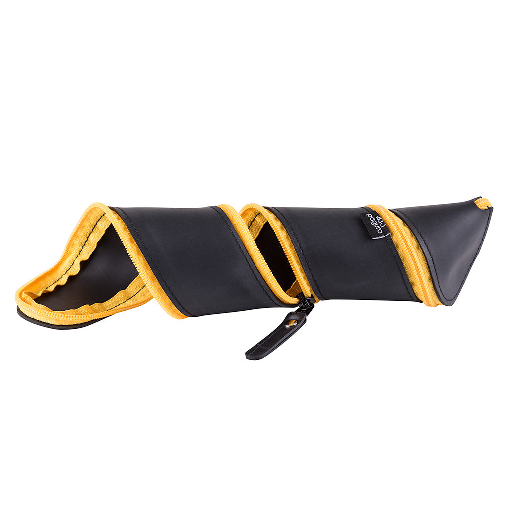 Nanis Funky Zip Rubber Vegan Pencil Case in black with colorful zips, showcasing its unique helix design and eco-friendly materials.