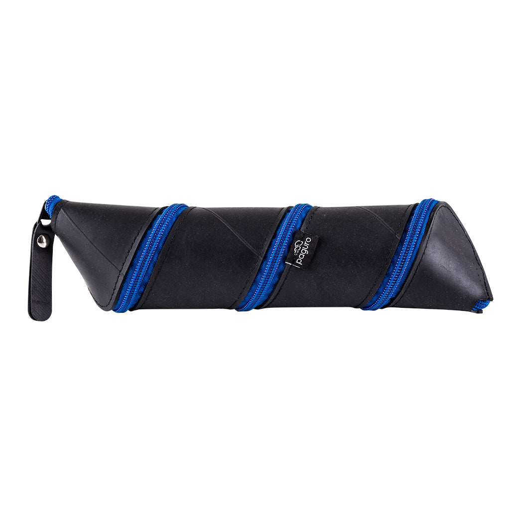 Nanis Funky Zip Rubber Vegan Pencil Case in black with colorful zips, showcasing its unique helix design and eco-friendly materials.