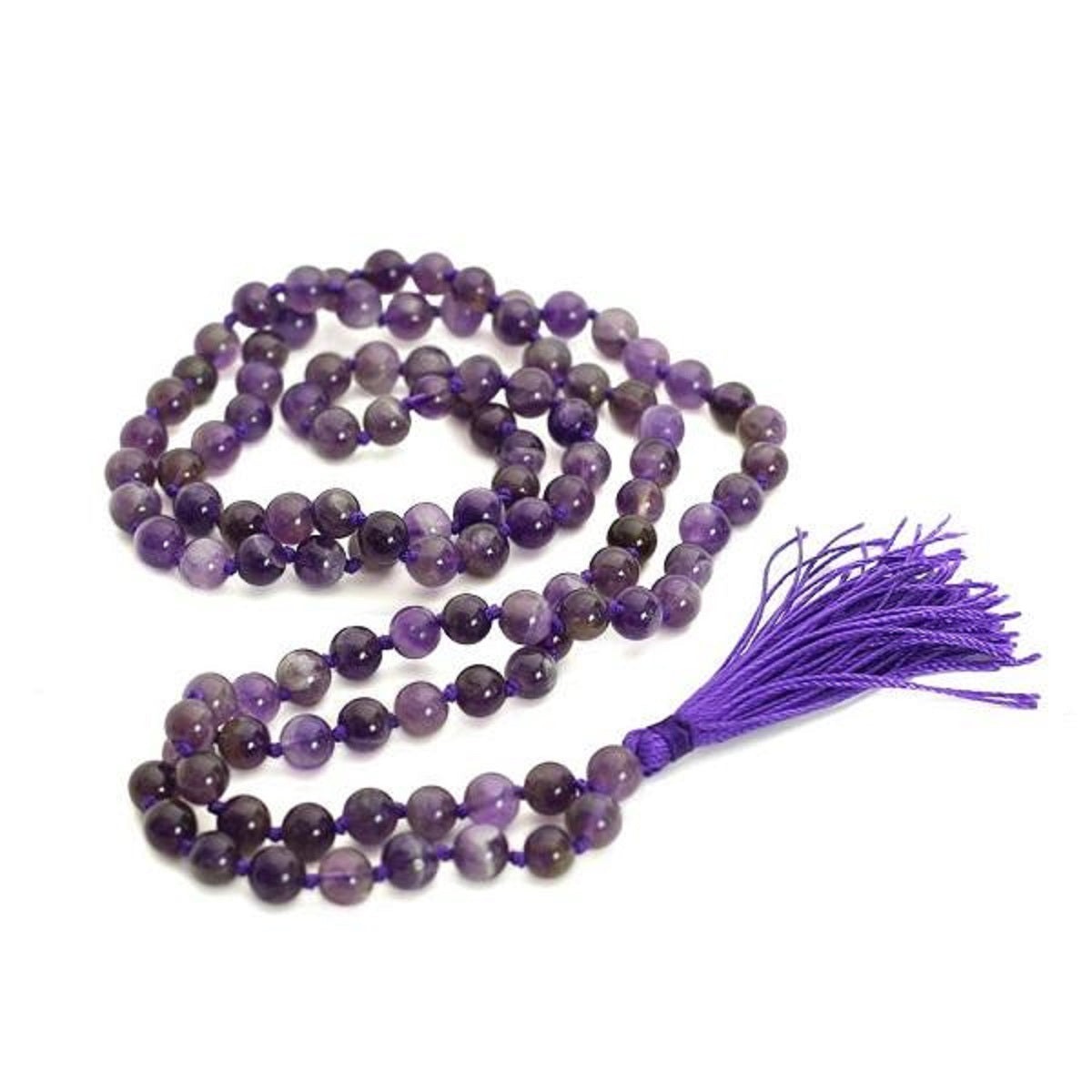 Natural Amethyst Mala Prayer Necklace featuring 108 polished amethyst beads with a tassel, strung on silk cord.