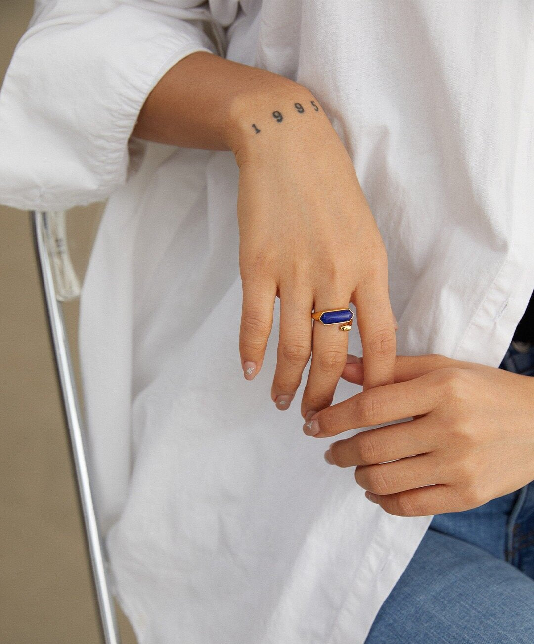 A handcrafted Natural Lapis Lazuli Ring featuring a deep blue lapis lazuli stone set in gold vermeil, showcasing its elegant design.